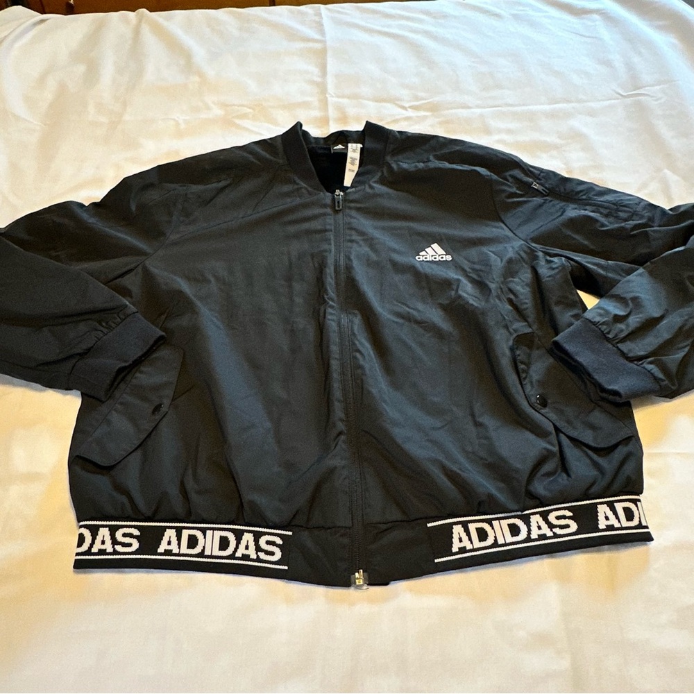 Adidas Black Bomber Fleece Lined Satin Sporty Jacket / Wind Breaker Women’s XL